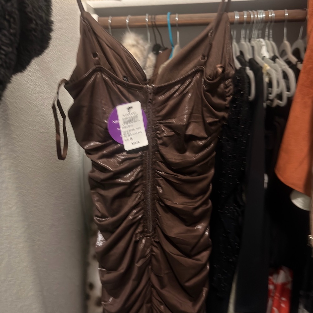 Chocolate Brown Ruched Satin Maxi Dress - Picture 7 of 7
